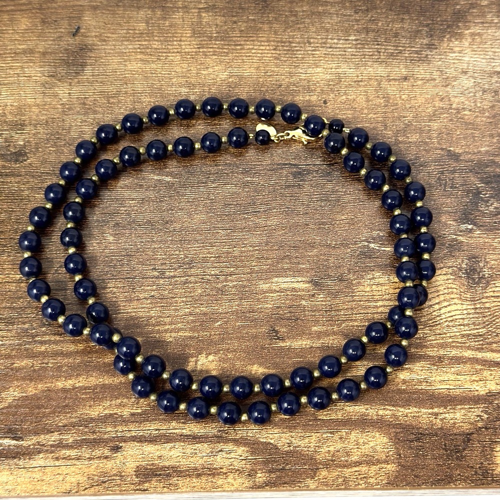 Worthington Beaded Necklace Navy Blue Round Beads Gold Clasp Vintage Classic